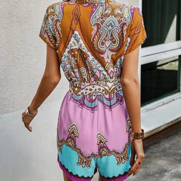 Multicolor Boho Womens Graphic Batwing Sleeve Belted Romper - Picture 2 of 5